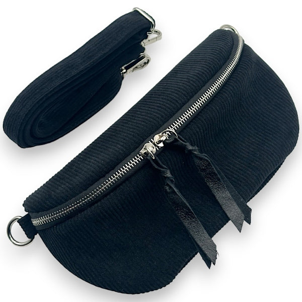 Cord Bauchtasche mit Doppelzipper Reißverschluss Schwarz – Trendecke