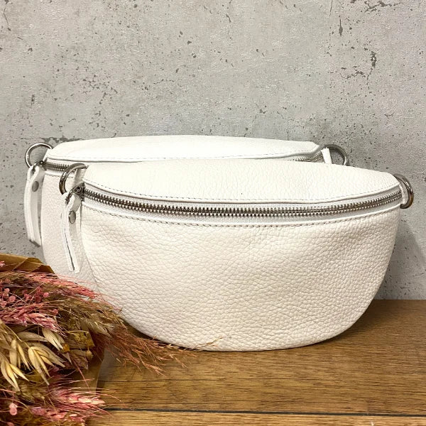 Weiße Leder Bauchtasche für Damen silber (verschiedene Größen)