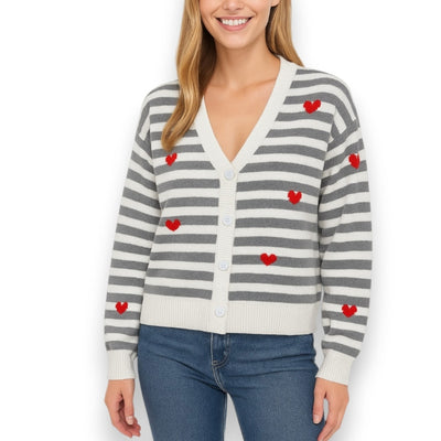 Damen Cardigan Strickjacke gestreift mit Herzmuster grau