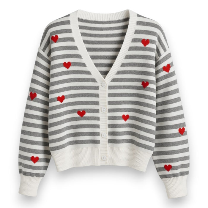 Damen Cardigan Strickjacke gestreift mit Herzmuster grau