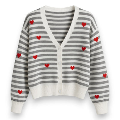 Damen Cardigan Strickjacke gestreift mit Herzmuster grau