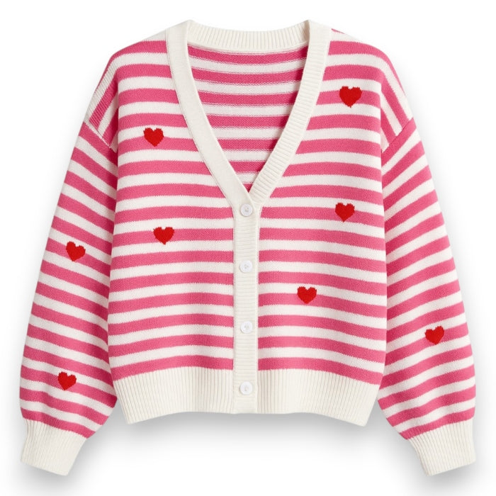 Damen Cardigan Strickjacke gestreift mit Herzmuster pink