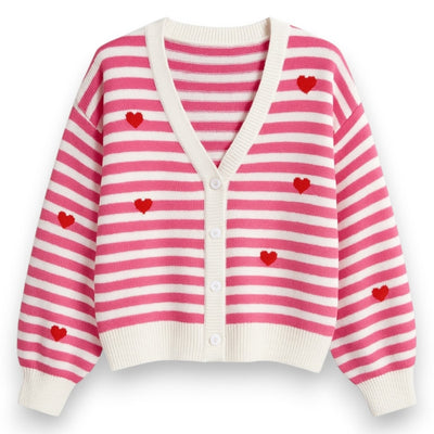 Damen Cardigan Strickjacke gestreift mit Herzmuster pink