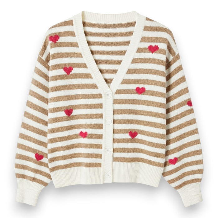 Damen Cardigan Strickjacke gestreift mit Herzmuster braun