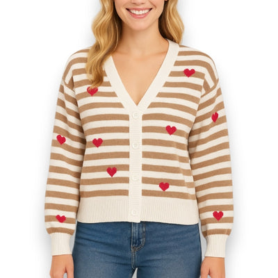 Damen Cardigan Strickjacke gestreift mit Herzmuster braun