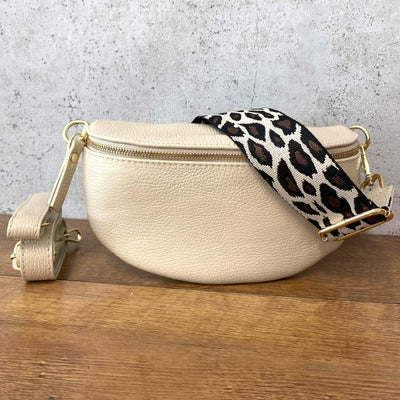 Bauchtaschen Set Beige Leoparden-Muster (Goldene Verschlüsse)