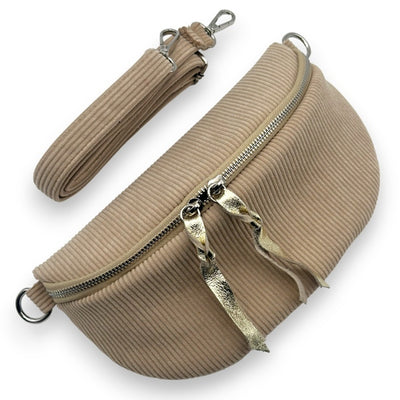 Cord Bauchtasche mit Doppelzipper Reißverschluss Beige