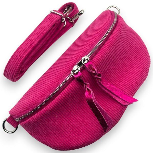 Cord Bauchtasche mit Doppelzipper Reißverschluss Fuchsia