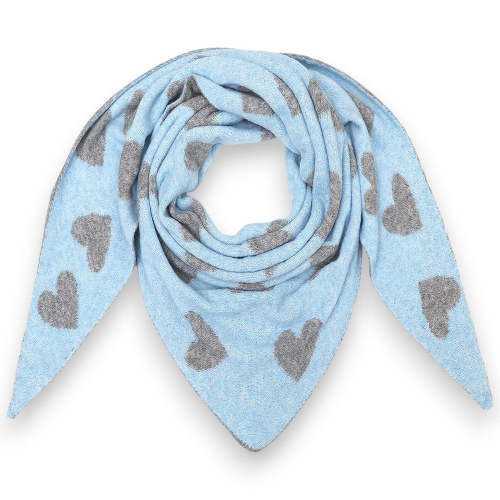 Damen Schal mit Herzen – XXL Winterschal, beidseitiges Herzmotiv hellblau grau