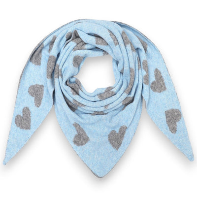 Damen Schal mit Herzen – XXL Winterschal, beidseitiges Herzmotiv hellblau grau