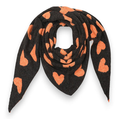 Damen Schal mit Herzen – XXL Winterschal, beidseitiges Herzmotiv schwarz orange