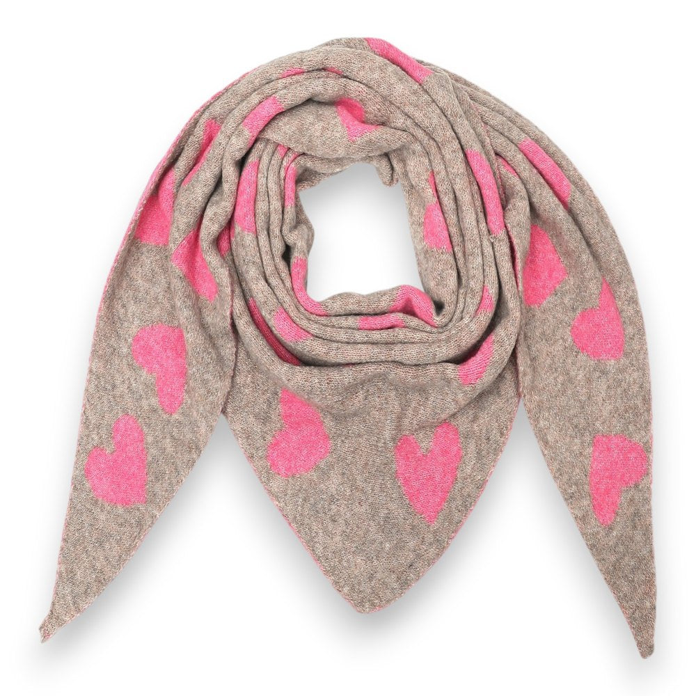 Damen Schal mit Herzen – XXL Winterschal, beidseitiges Herzmotiv taupe rosa