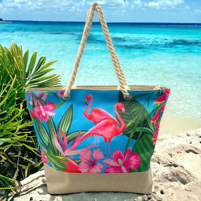 Große Strandtasche mit Reißverschluss XL Wasserdicht (Flamingo Blau)