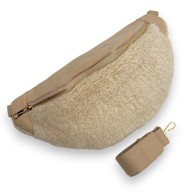 Große XXL Teddyfell Bauchtasche Beige (Goldene Verschlüsse)