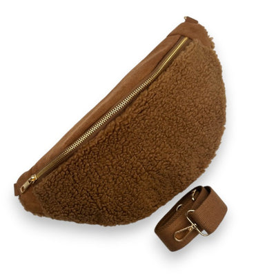 Große XXL Teddyfell Bauchtasche Braun (Goldene Verschlüsse)