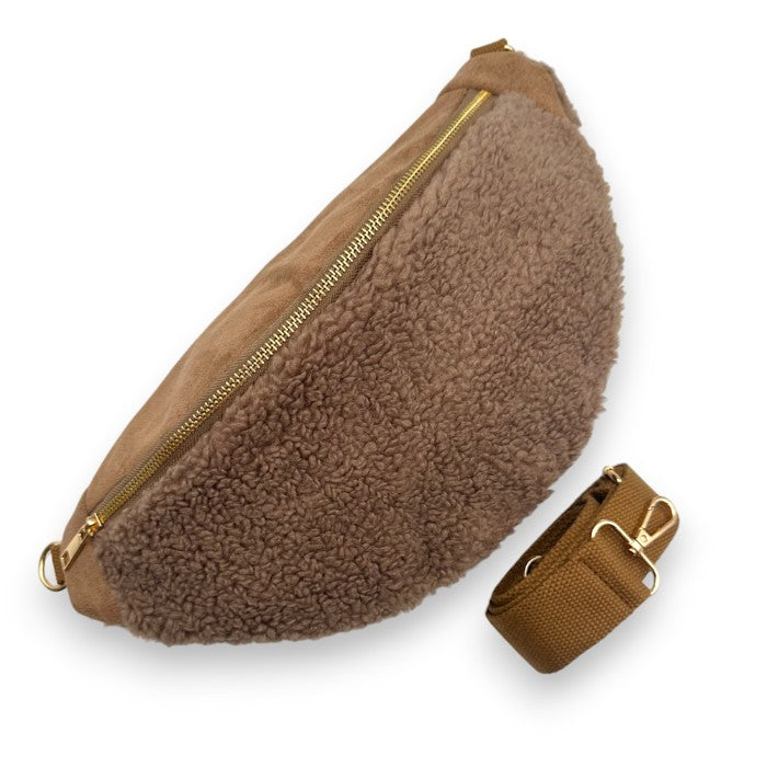 Große XXL Teddyfell Bauchtasche Taupe (Goldene Verschlüsse)