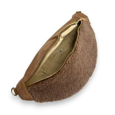 Große XXL Teddyfell Bauchtasche Taupe (Goldene Verschlüsse)