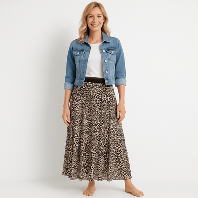Langer Stoffrock Beige Leoparden Muster