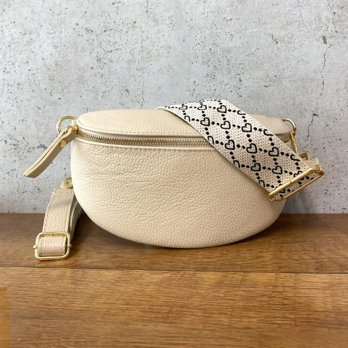 Leder Bauchtaschen Set Beige Herzmuster (Goldene Verschlüsse)