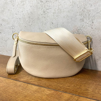 Leder Bauchtaschen Set Beige Unifarben (Goldene Verschlüsse)