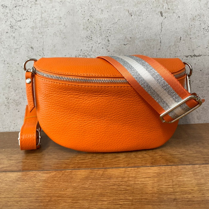 Leder Bauchtaschen Set Orange Silber-Retro-Streifen (Silberne Verschlüsse)