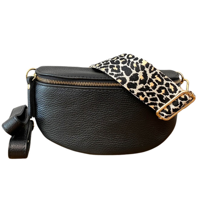 Leder Bauchtaschen Set Schwarz Katzenmuster (Goldene Verschlüsse)
