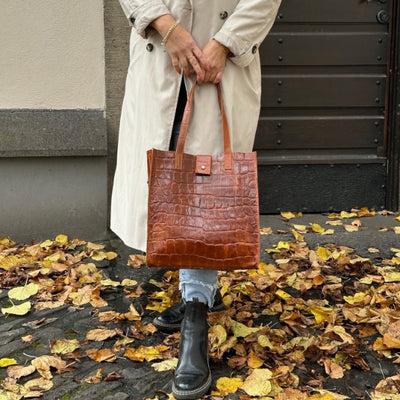 Leder Handtasche Kroko-Optik (Cognac)