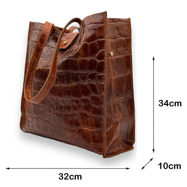 Leder Handtasche Kroko-Optik (Cognac)