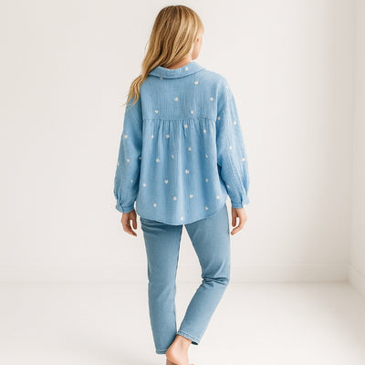 Musselin Bluse Damen Herzen (Blau)
