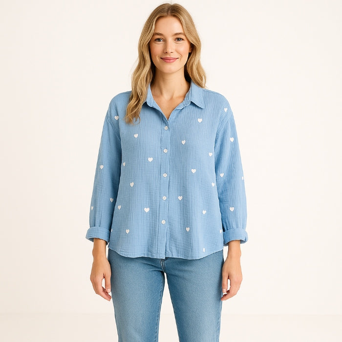 Musselin Bluse Damen Herzen (Blau)