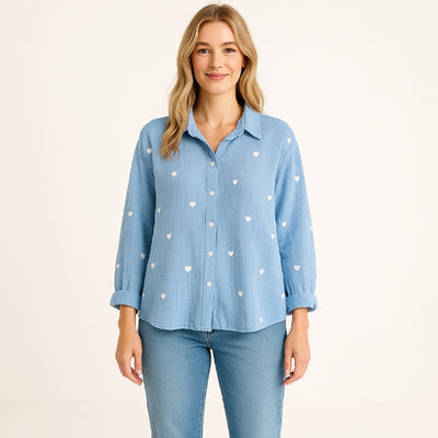 Musselin Bluse Damen Herzen (Blau)