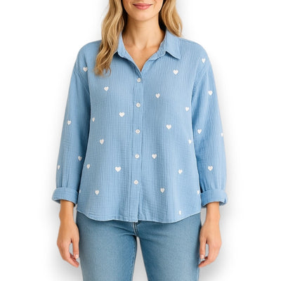 Musselin Bluse Damen Herzen (Blau)