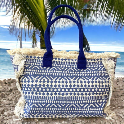 Shopper Strandtasche mit Ornamentmuster blau