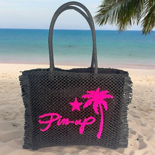 Strandtasche Papierstroh Schwarz