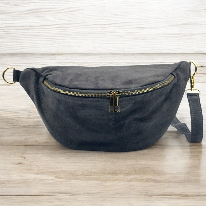 Wildleder Bauchtasche mit Doppel-Zipper (Anthrazit)