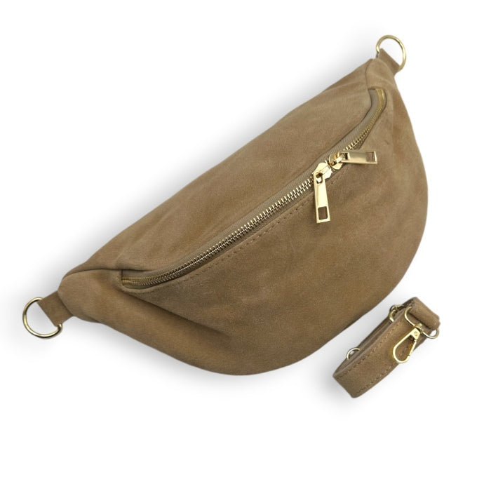 Wildleder Bauchtasche mit Doppel-Zipper (Elfenbein)