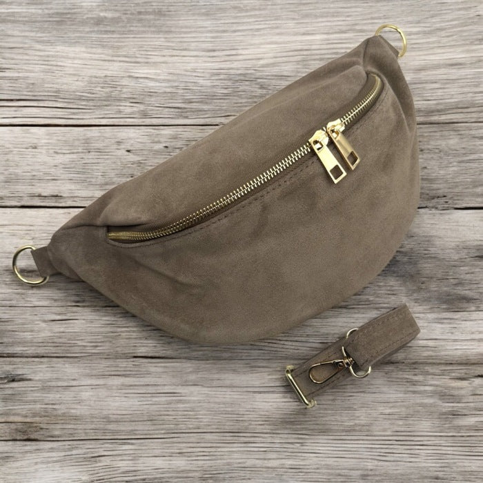 Wildleder Bauchtasche mit Doppel-Zipper (Taupe)