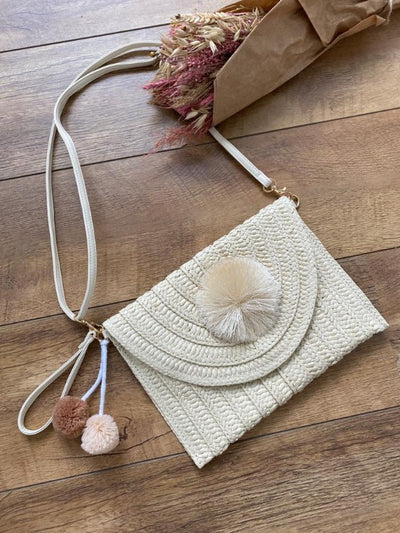 Beige Boho Clutch Tasche (mit Bommeln)