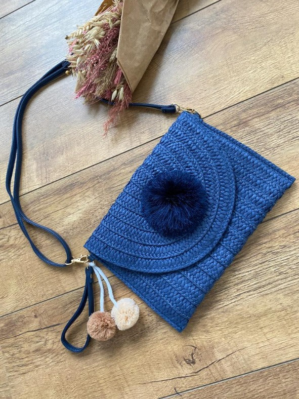 Blaue Boho Clutch Tasche (mit Bommeln)