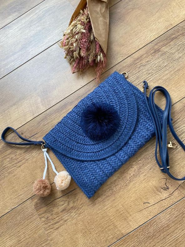 Blaue Boho Clutch Tasche (mit Bommeln)