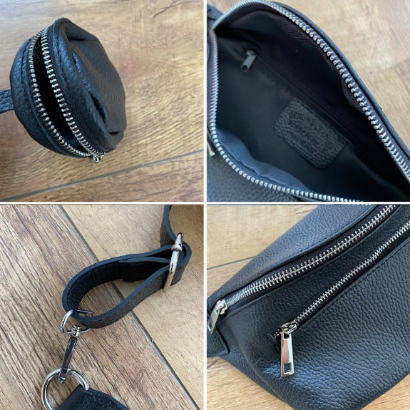 Leder Damen Bauchtasche schwarz mit kleiner Geldbörse silber