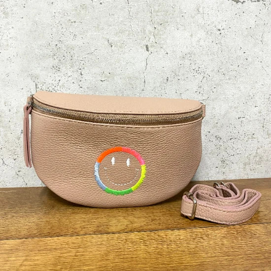 Mittlere Leder Bauchtasche altrosa mit Smiley (Silberne Verschlüsse)