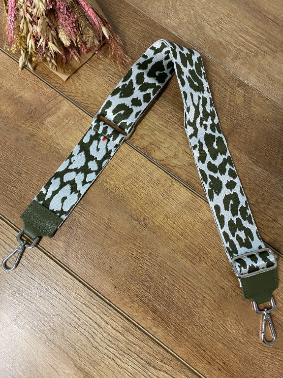 Taschengurt Khakigrün Leoparden-Muster (Silberne Verschlüsse)