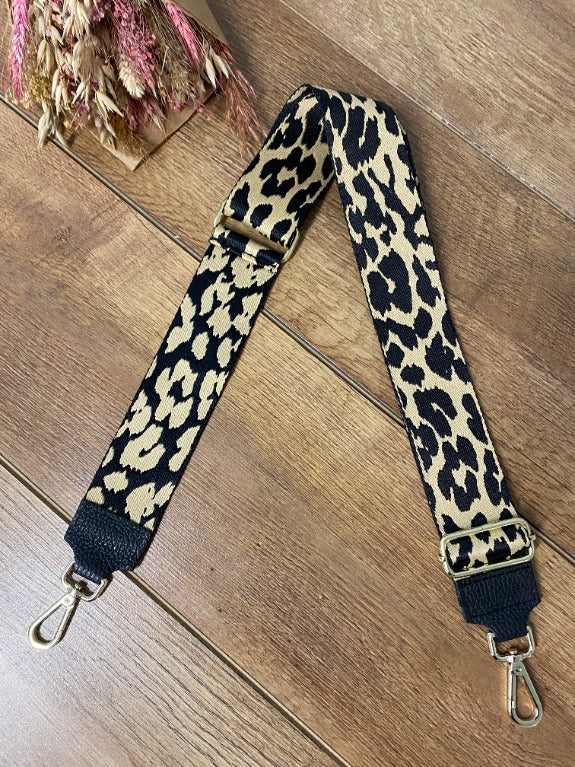 Taschengurt Schwarz Hellbraun Leoparden-Muster (Goldene Verschlüsse)